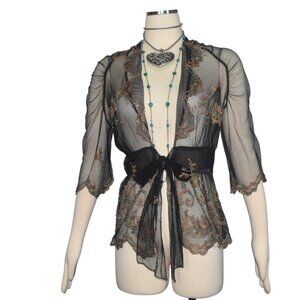 Marisa K Sheer Black Mesh Tie Front Top Beaded Boho Fairy Whimsigoth S